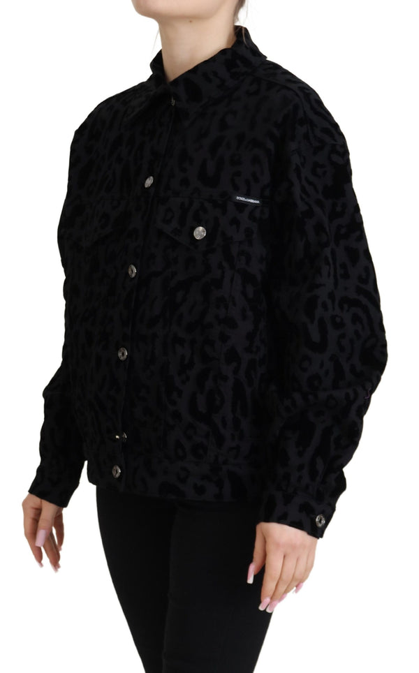 Black Leopard Long Sleeve Denim Cotton Jacket