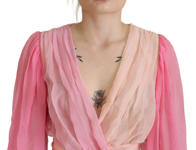 Pink Silk Wrap Long Sleeves Blouse Top