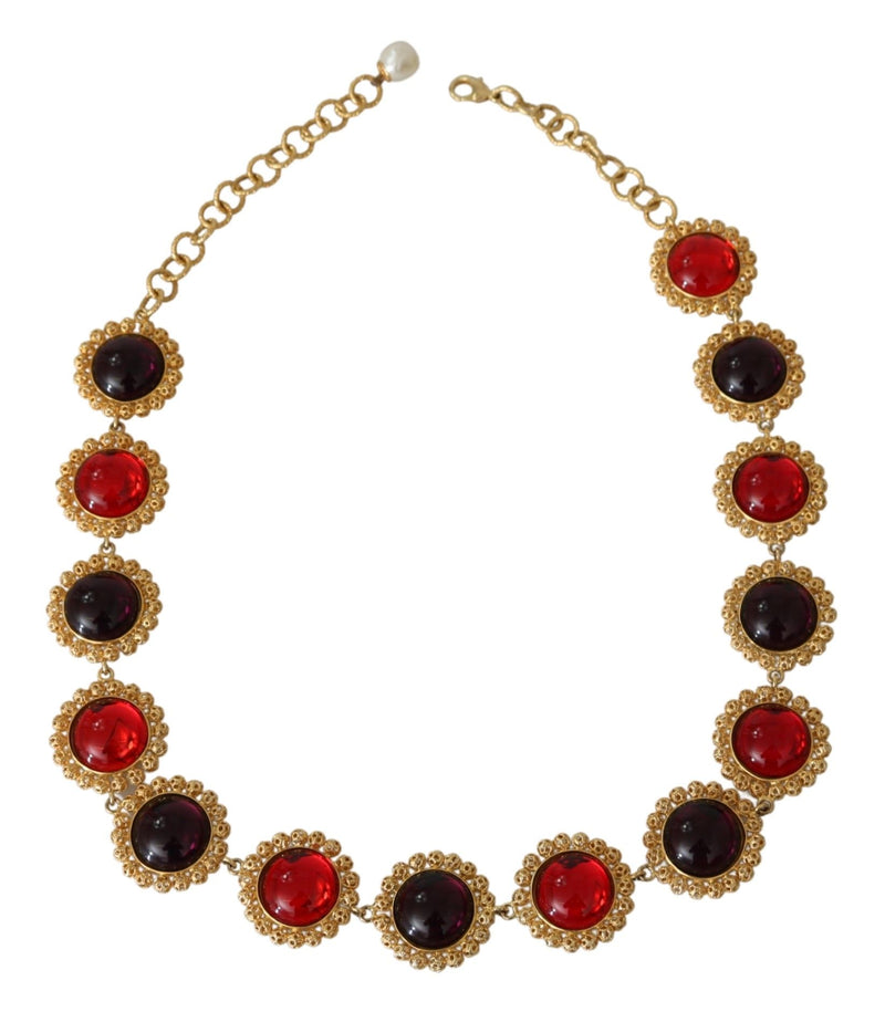 Red Purple Crystal Floral Chain Statement Gold Brass Necklace