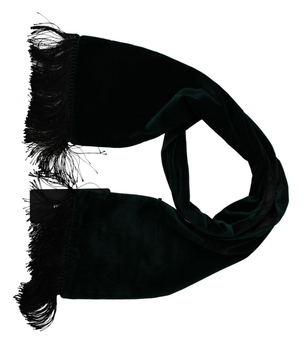 Scarf Dark Green Velvet Cotton Blend Fringes