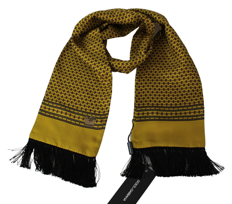 Scarf Yellow Patterned Silk Neck Wrap Fringes