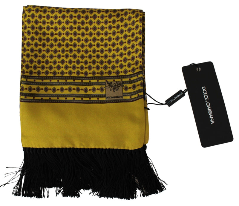 Scarf Yellow Patterned Silk Neck Wrap Fringes