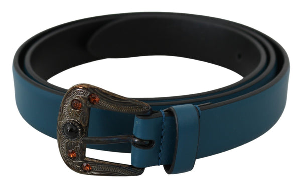 Blue Leather Amber Crystal Baroque Buckle Belt