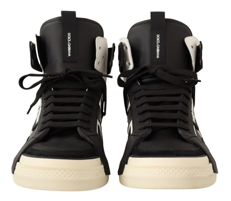 Black Gray Leather Mens High Top Sneakers