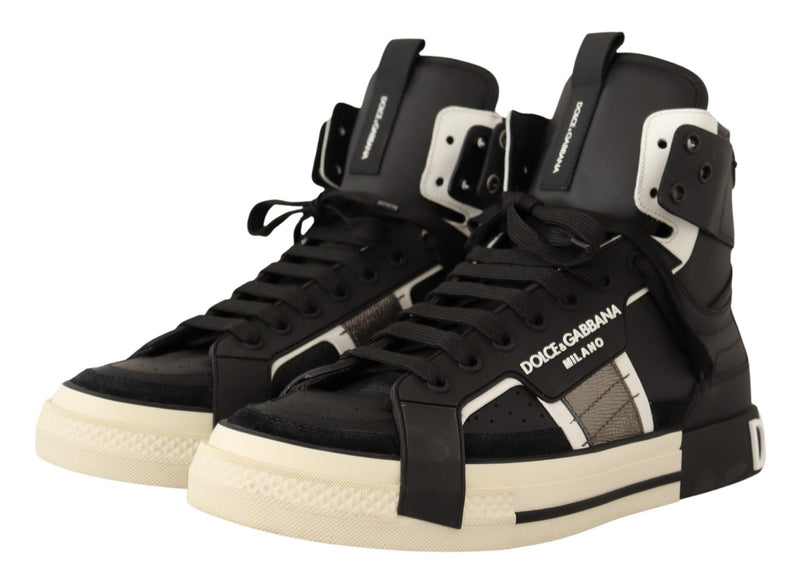 Black Gray Leather Mens High Top Sneakers