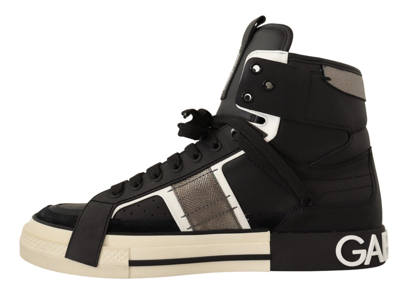 Black Gray Leather Mens High Top Sneakers