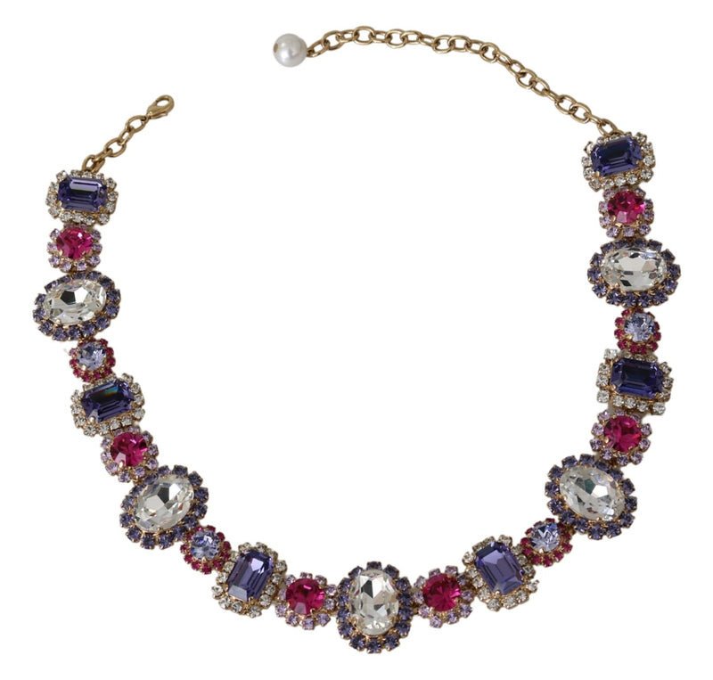 Gold Brass Blue Purple Crystal Floral Chain Necklace