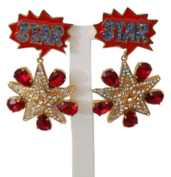 Gold Brass Red STAR Red Clear Crystal Clip-on Dangle Earrings