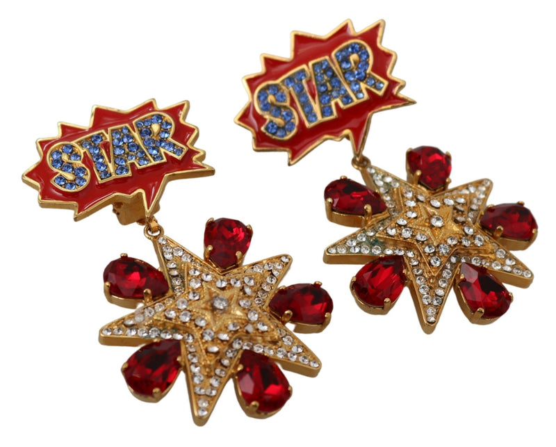 Gold Brass Red STAR Red Clear Crystal Clip-on Dangle Earrings