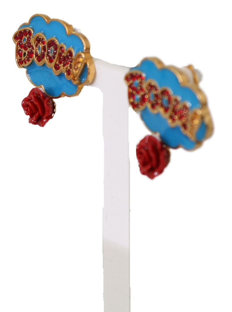 Gold Brass BOOM Red Rose Crystal Clip-On  Earrings