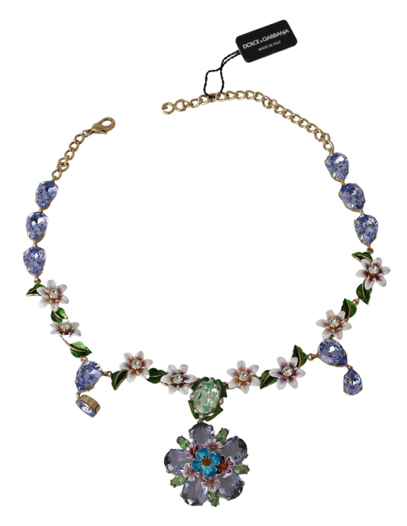 Blue Floral Crystal Charm Gold Chain Green Necklace