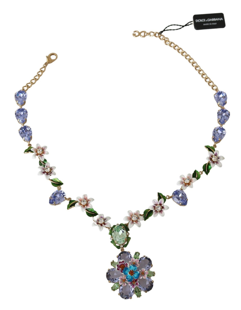 Green Blue Floral Crystal Charm Gold Chain Necklace