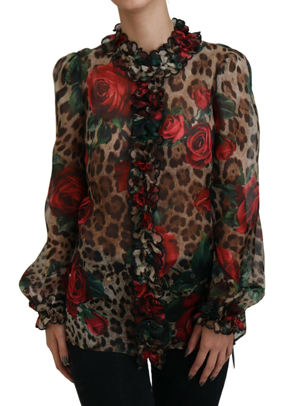 Multicolor Leopard Rose Print Ruffled Lace Blouse Top