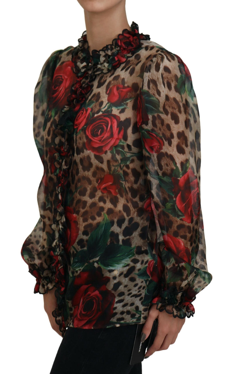 Multicolor Leopard Rose Print Ruffled Lace Blouse Top