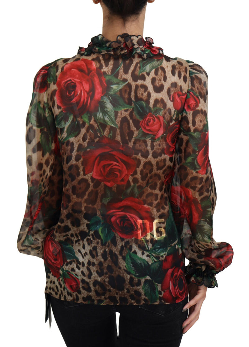 Multicolor Leopard Rose Print Ruffled Lace Blouse Top