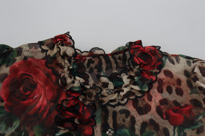 Multicolor Leopard Rose Print Ruffled Lace Blouse Top