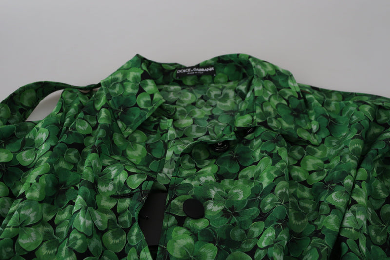 Green Leaves Print Silk Trench Coat Jacket