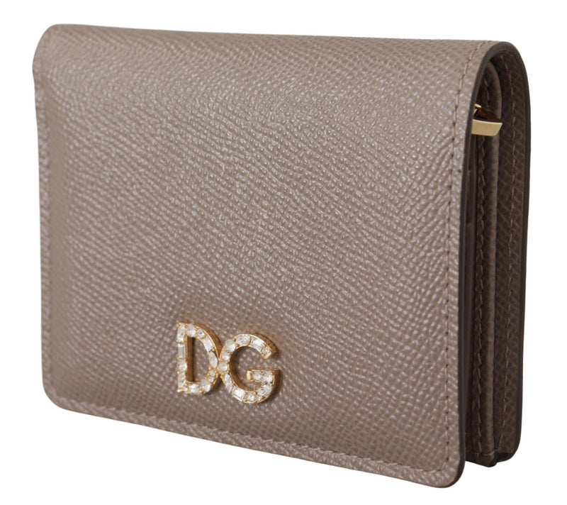 Beige Leather Bifold Continental Clutch Crystal Wallet