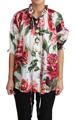 Multicolor Peony Print Cotton Blouse Tops