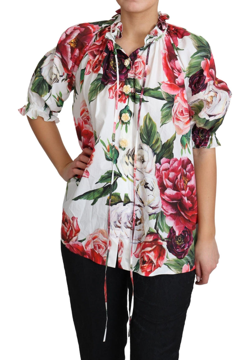 Multicolor Peony Print Cotton Blouse Tops