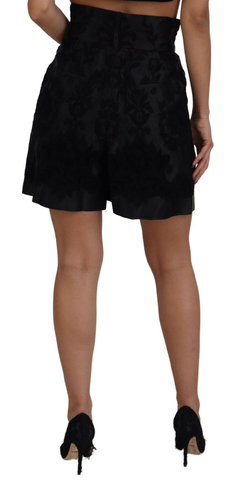 Black Floral Pattern Brocade Silk Shorts