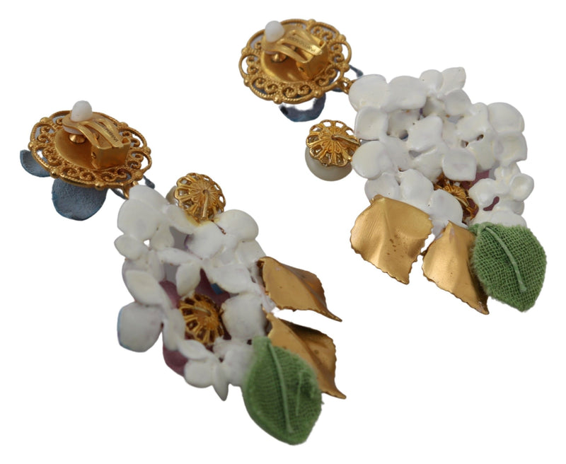 Purple Crystal Floral Pearl Hortensia Bouquet Clip-on Earrings