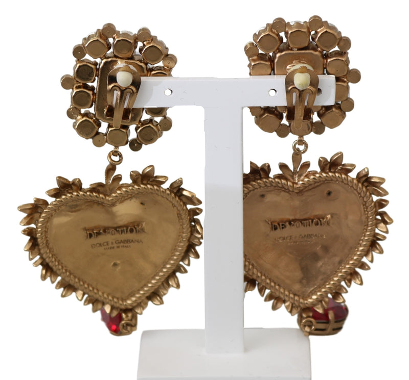 Gold Brass Devotion Heart Red Crystal Dangling Earrings