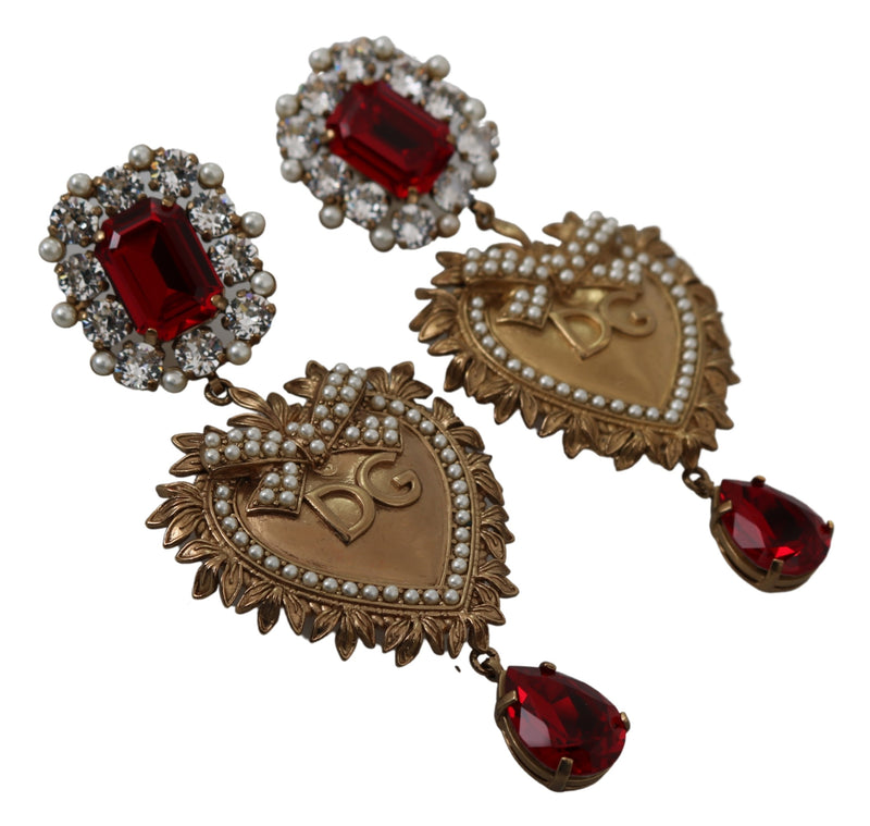 Gold Brass Devotion Heart Red Crystal Dangling Earrings