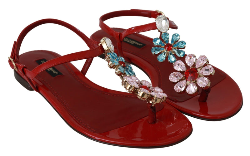 Red Leather Crystal Sandals Flip Flops Shoes