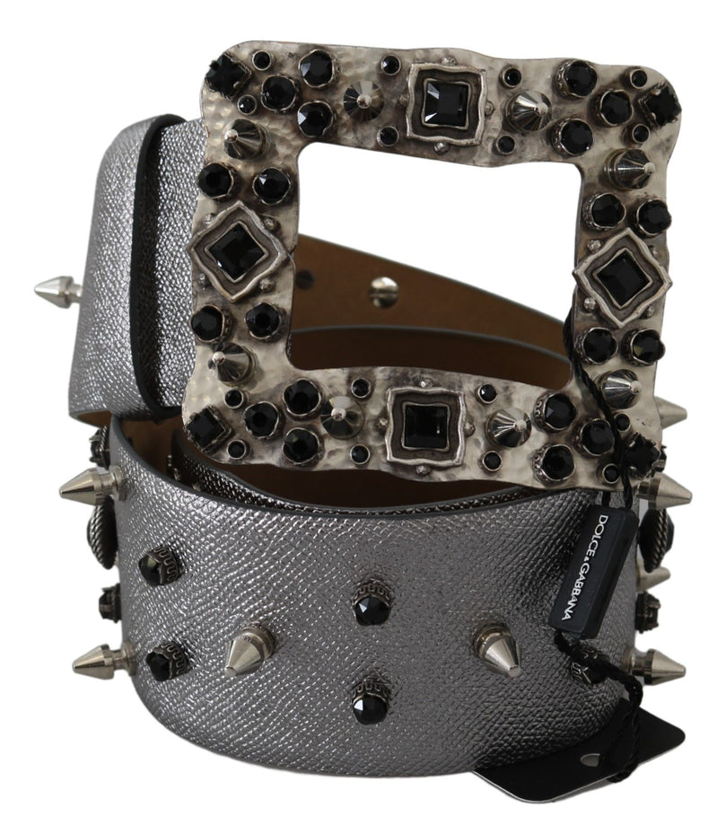 Silver Leather Crystal Stud Logo Buckle Belt