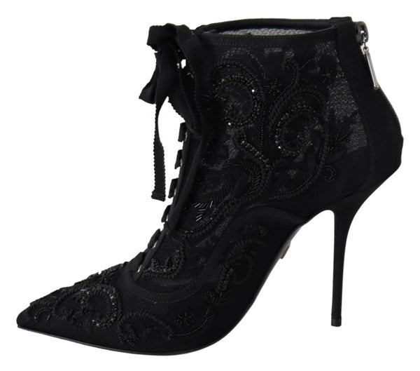 Black Tulle Ricamo High Heel Crystal Boots