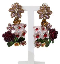 Gold Crystal Floral Filigree Roses Red Bouquet Clip-on Earrings