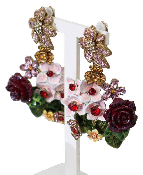 Gold Crystal Floral Filigree Roses Red Bouquet Clip-on Earrings