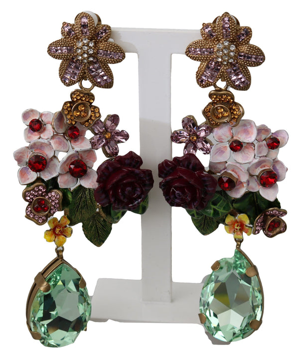 Gold Crystal Floral Filigree Bouquet Dangling Clip-on Earrings