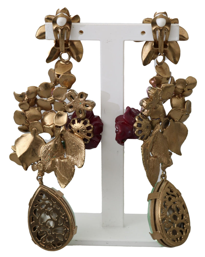 Gold Crystal Floral Filigree Bouquet Dangling Clip-on Earrings