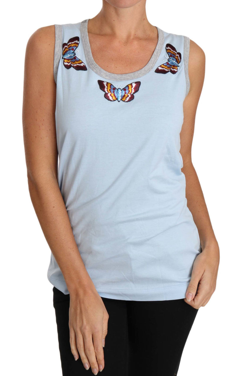 Blue  Sleeveless Tank Cotton Butterfly T-shirt