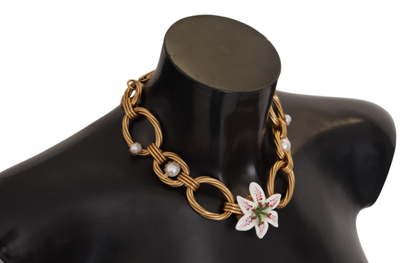 Gold White Lily Floral Chain Statement Necklace