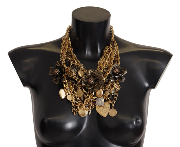 Gold Brass Sicily Charm Heart Statement Necklace