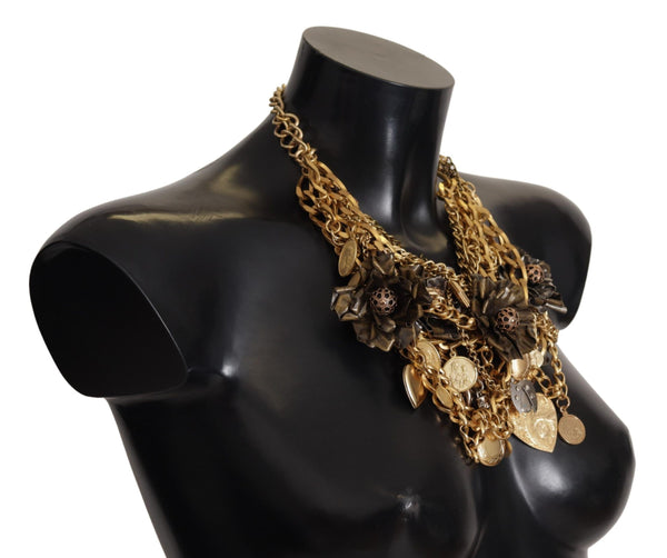 Gold Brass Sicily Charm Heart Statement Necklace