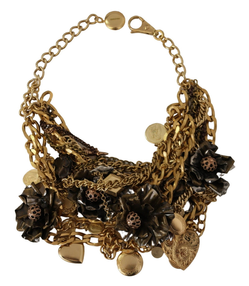 Gold Brass Sicily Charm Heart Statement Necklace