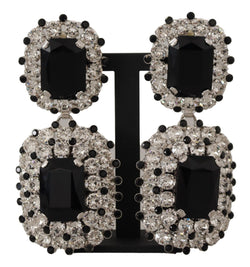 Silver Brass Black Crystal Clip-on Jewelry Dangling Earrings