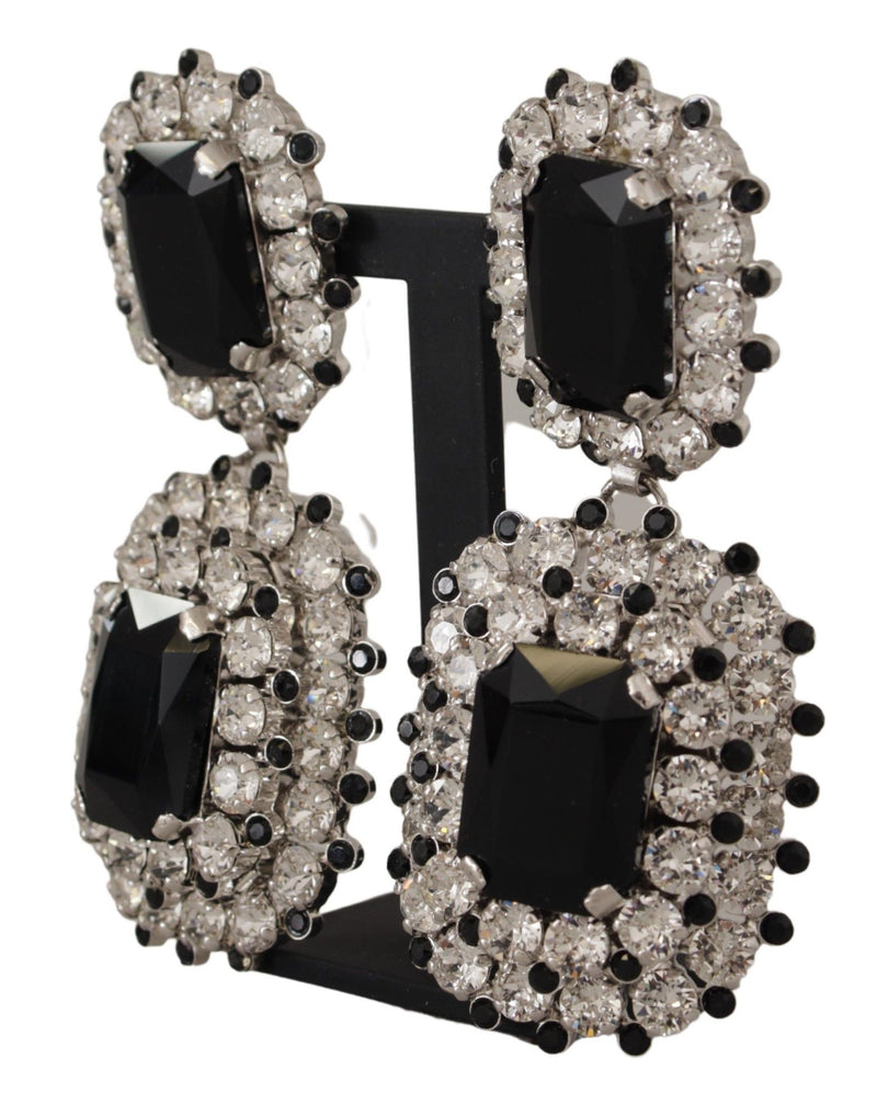 Silver Brass Black Crystal Clip-on Jewelry Dangling Earrings