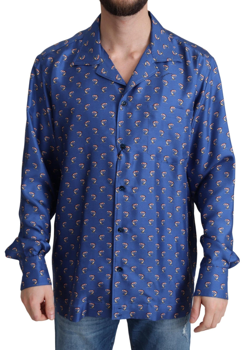 Blue Beach Chair Umbrella Print Silk Shirt