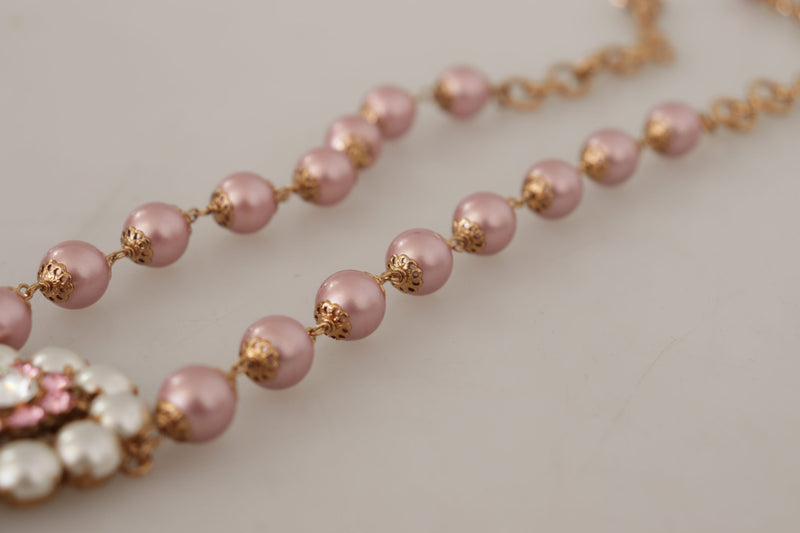 Gold Brass Crystal Pink Faux Pearl Pendants Necklace