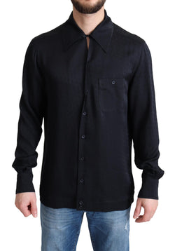 Black Jacquard Silk Casual Btton Doown Shirt