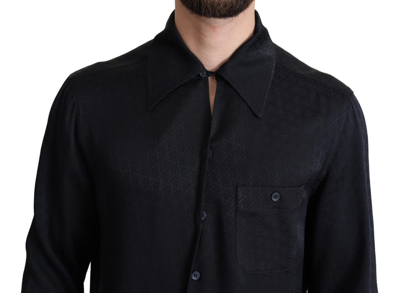 Black Jacquard Silk Casual Btton Doown Shirt