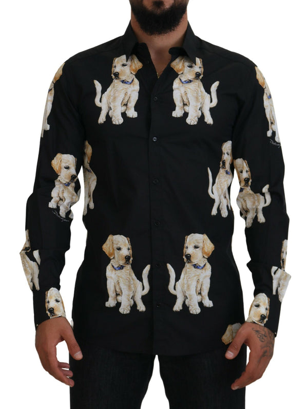 Black Dog Print Men Casual GOLD Cotton Shirt