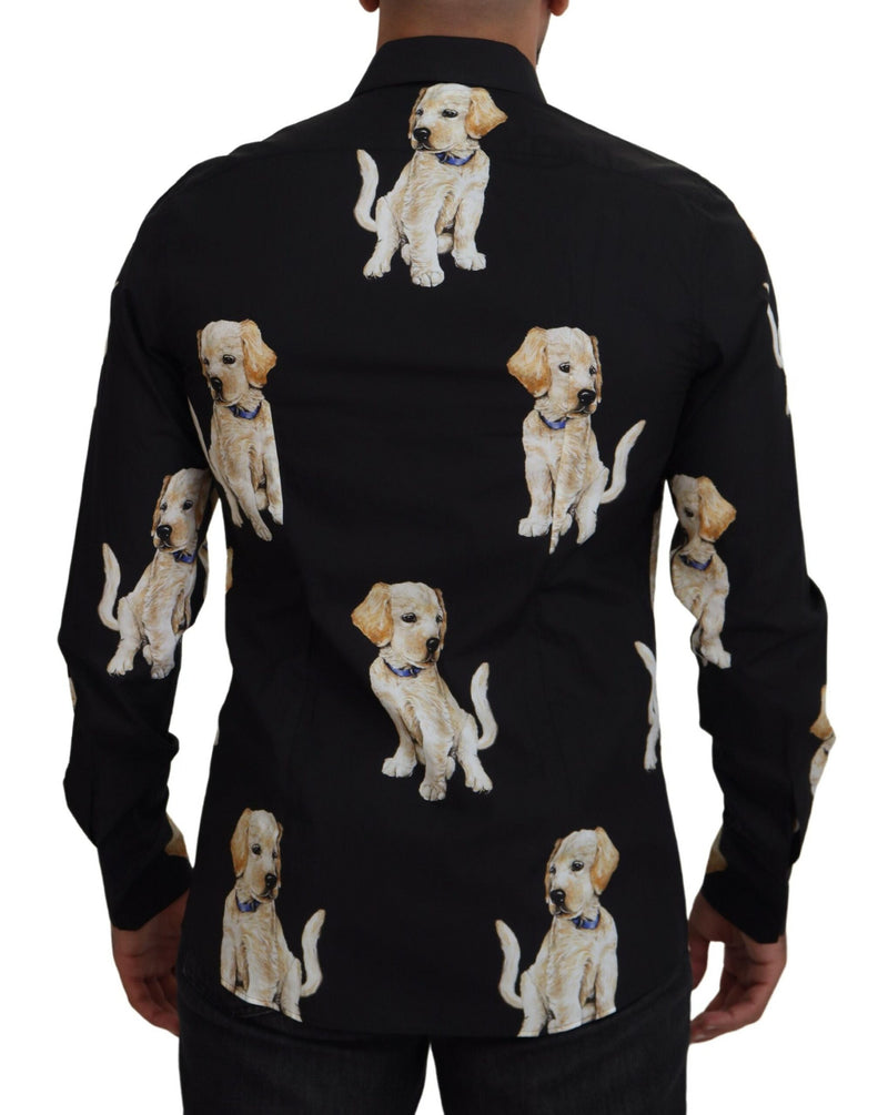 Black Dog Print Men Casual GOLD Cotton Shirt