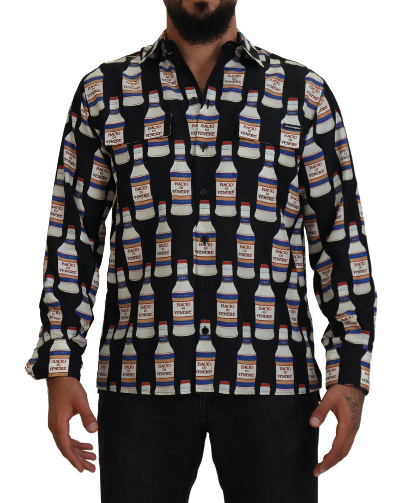 Black Silk Printed Collared Men Casual Shirt