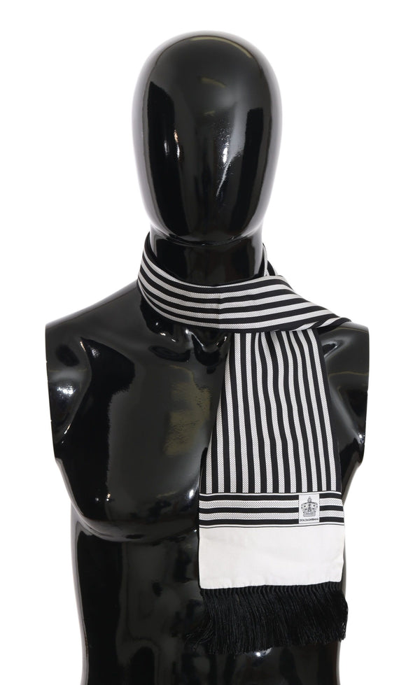 Black White Striped Fringes Mens Wrap 140cm x15cm Scarf